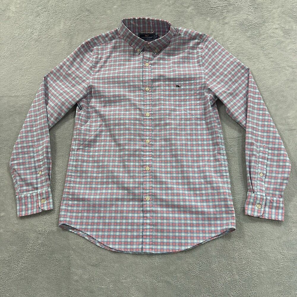 Vineyard Vines Whale Button Shirt Men Small Blue Pink Plaid Slim Fit